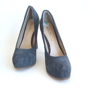 Kelsi By Kelsi Dagger Women's Dusty Blue Leather Suede Platform 5" Heels 8
